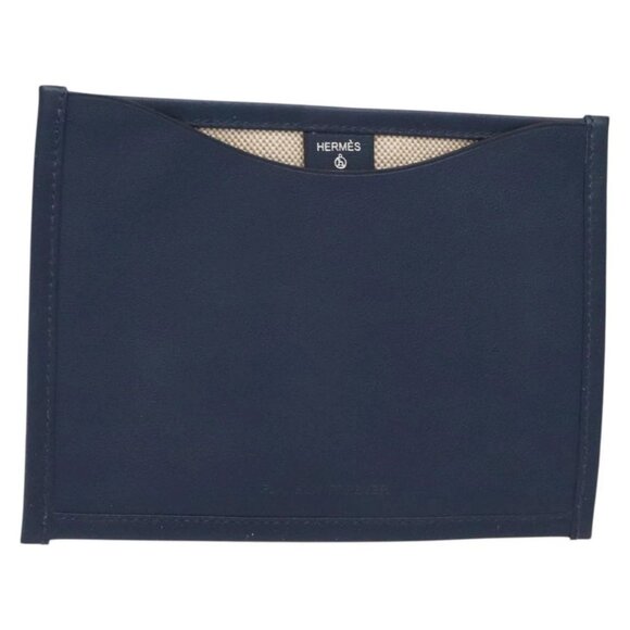 HERMES Petit Ash Pouch Leather Canvas Navy Auth - Picture 1 of 15